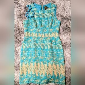 Taylor By Anthropologie Turquoise and Beige Fitted Dress